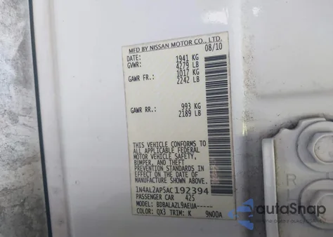 2010 Nissan Altima 2.5 z USA, uszkodzony, nr VIN 1N4AL2AP5AC192394